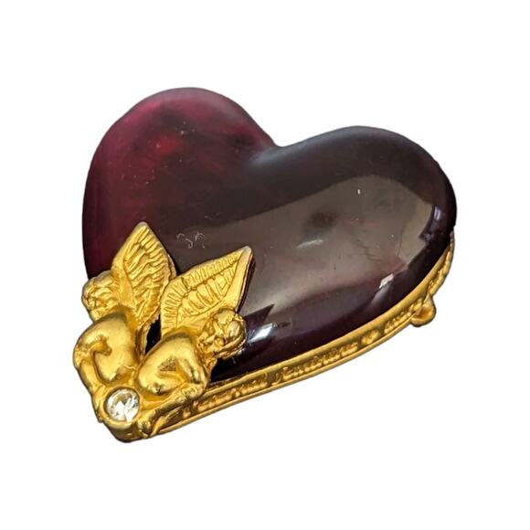 Vintage Givenchy Cherub Lucite Heart Brooch Jewelry RARE Rhinestone Pin Gold Red - Picture 1 of 14